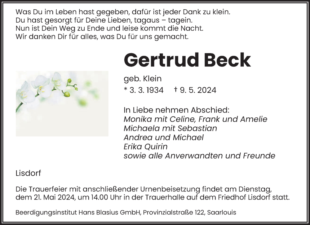  Traueranzeige für Gertrud Beck vom 11.05.2024 aus saarbruecker_zeitung