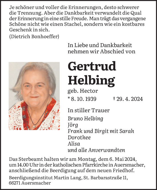 Traueranzeige von Gertrud Helbing von saarbruecker_zeitung