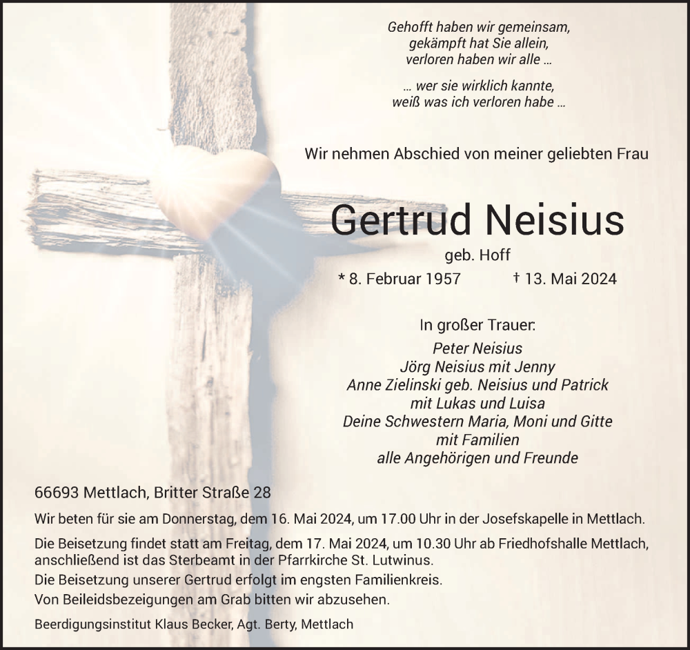 Traueranzeige für Gertrud Neisius vom 15.05.2024 aus saarbruecker_zeitung