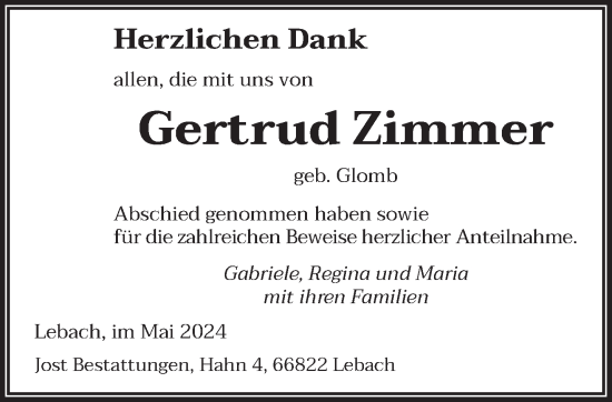 Traueranzeige von Gertrud Zimmer von saarbruecker_zeitung