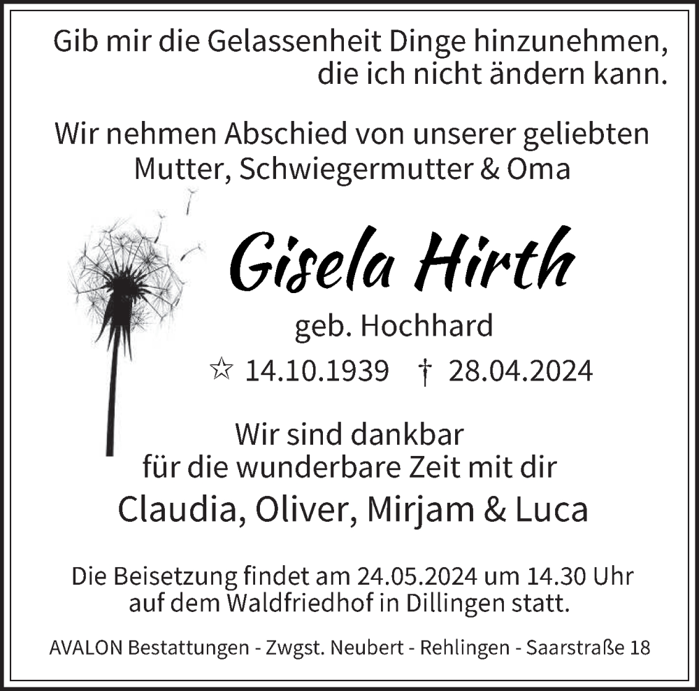  Traueranzeige für Gisela Hirth vom 18.05.2024 aus saarbruecker_zeitung