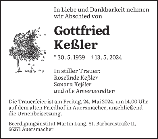 Traueranzeige von Gottfried Keßler von saarbruecker_zeitung