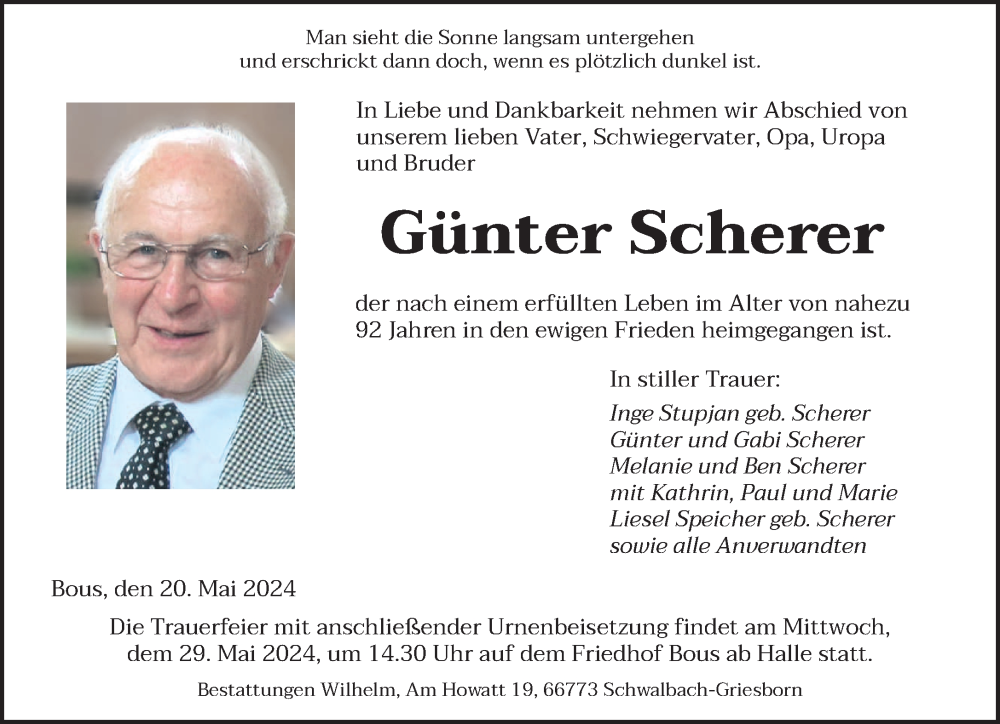  Traueranzeige für Günter Scherer vom 25.05.2024 aus saarbruecker_zeitung