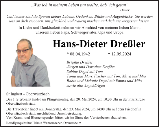Traueranzeige von Hans-Dieter Dreßler von saarbruecker_zeitung