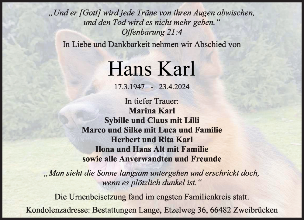  Traueranzeige für Hans Karl vom 04.05.2024 aus saarbruecker_zeitung