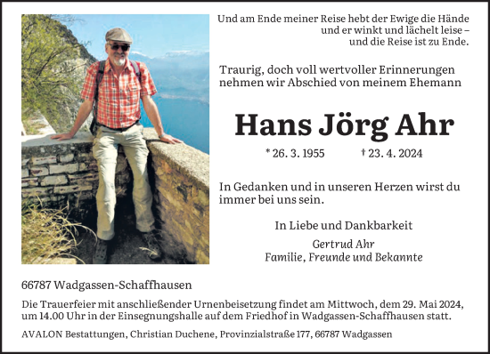 Traueranzeige von Hans Jörg Ahr von saarbruecker_zeitung