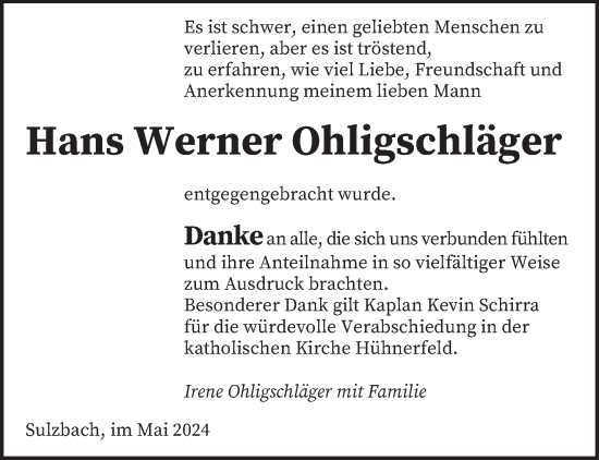 Traueranzeige von Hans Werner Ohligschläger von saarbruecker_zeitung