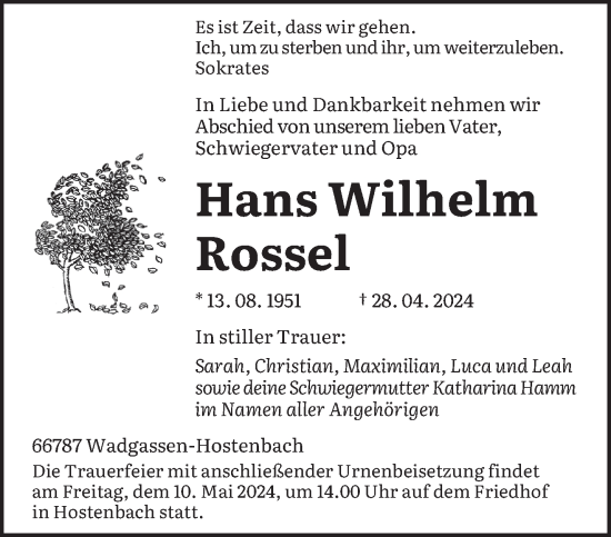 Traueranzeige von Hans Wilhelm Rossel von saarbruecker_zeitung