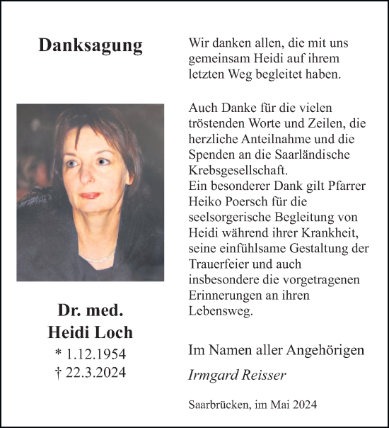 Traueranzeige von Heidi Loch von saarbruecker_zeitung