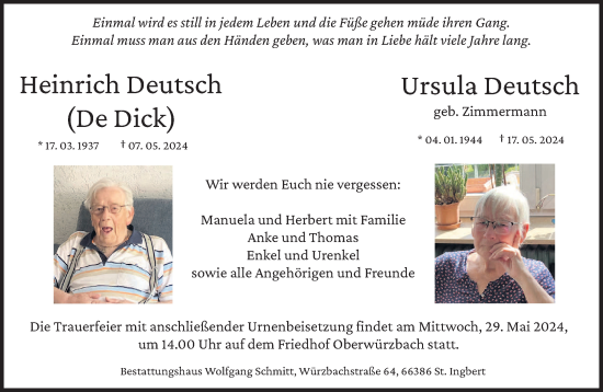 Traueranzeige von Heinrich und Ursula Deutsch von saarbruecker_zeitung