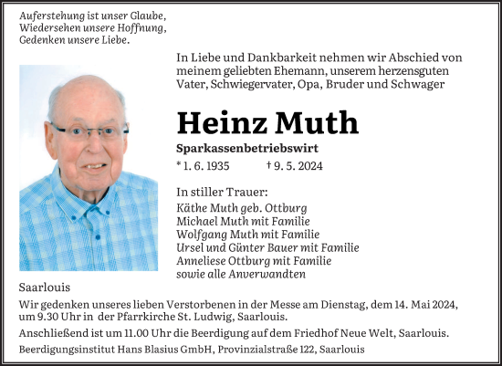 Traueranzeige von Heinz Muth von saarbruecker_zeitung