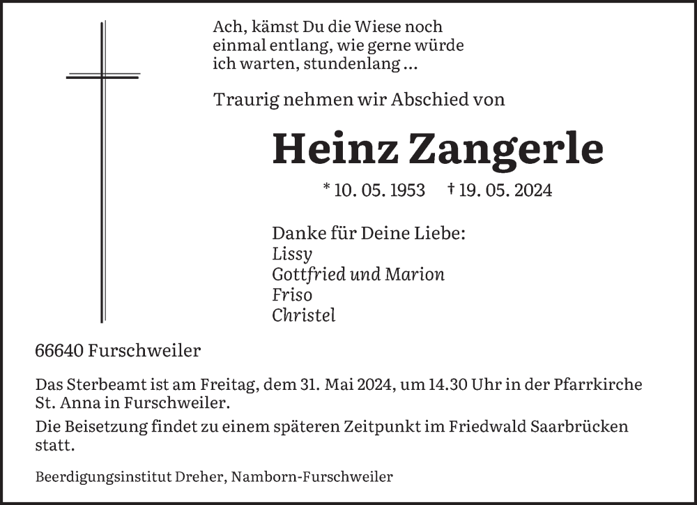  Traueranzeige für Heinz Zangerle vom 25.05.2024 aus saarbruecker_zeitung