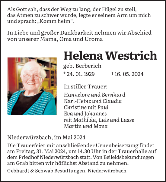 Traueranzeige von Helena Westrich von saarbruecker_zeitung