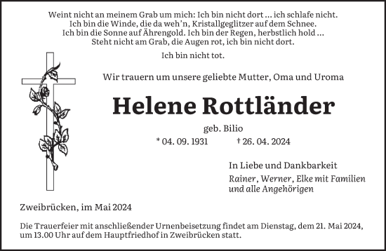 Traueranzeige von Helene Rottländer von saarbruecker_zeitung