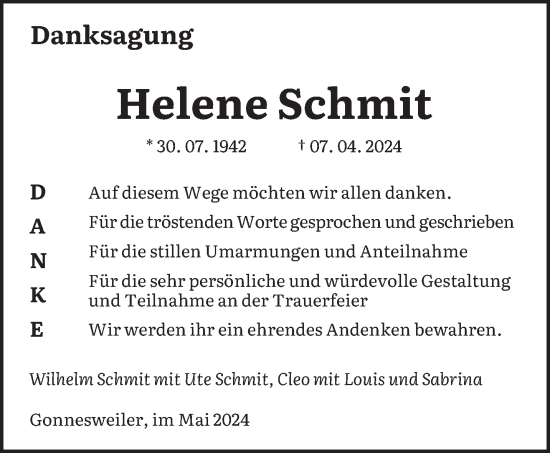 Traueranzeige von Helene Schmit von saarbruecker_zeitung