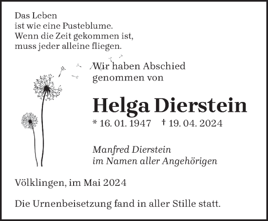 Traueranzeige von Helga Dierstein von saarbruecker_zeitung