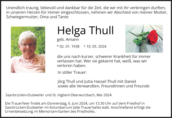 Traueranzeige von Helga Thull von saarbruecker_zeitung