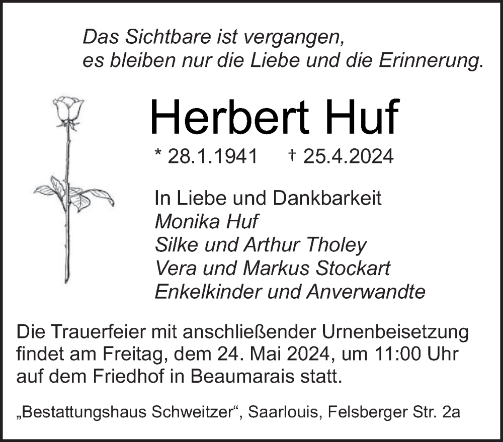  Traueranzeige für Herbert Huf vom 11.05.2024 aus saarbruecker_zeitung