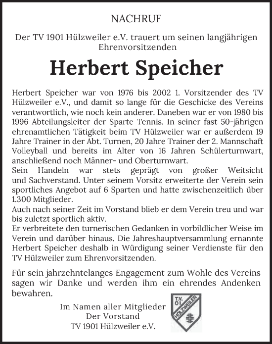 Traueranzeige von Herbert Speicher von saarbruecker_zeitung