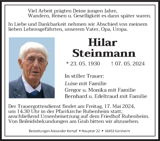 Traueranzeige von Hilar Steinmann von saarbruecker_zeitung