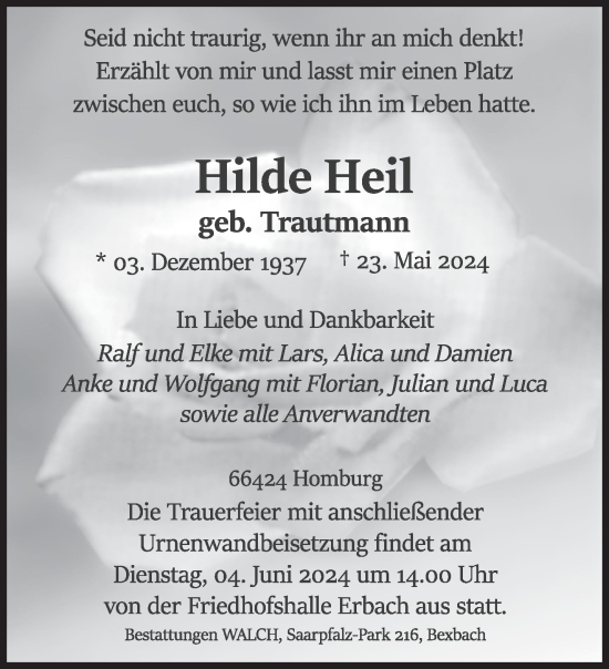 Traueranzeige von Hilde Heil von saarbruecker_zeitung