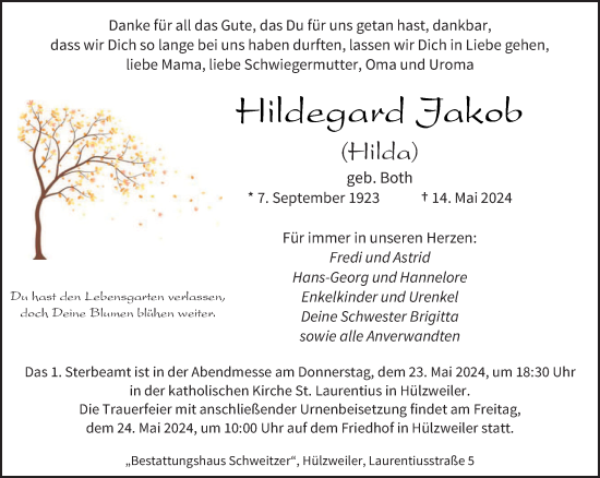 Traueranzeige von Hildegard Jakob von saarbruecker_zeitung