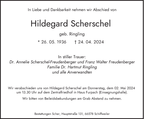 Traueranzeige von Hildegard Scherschel von saarbruecker_zeitung