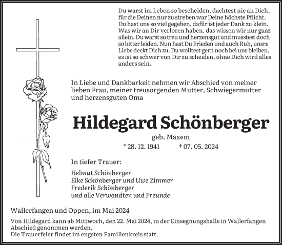 Traueranzeige von Hildegard Schönberger von saarbruecker_zeitung