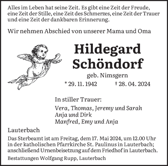 Traueranzeige von Hildegard Schöndorf von saarbruecker_zeitung