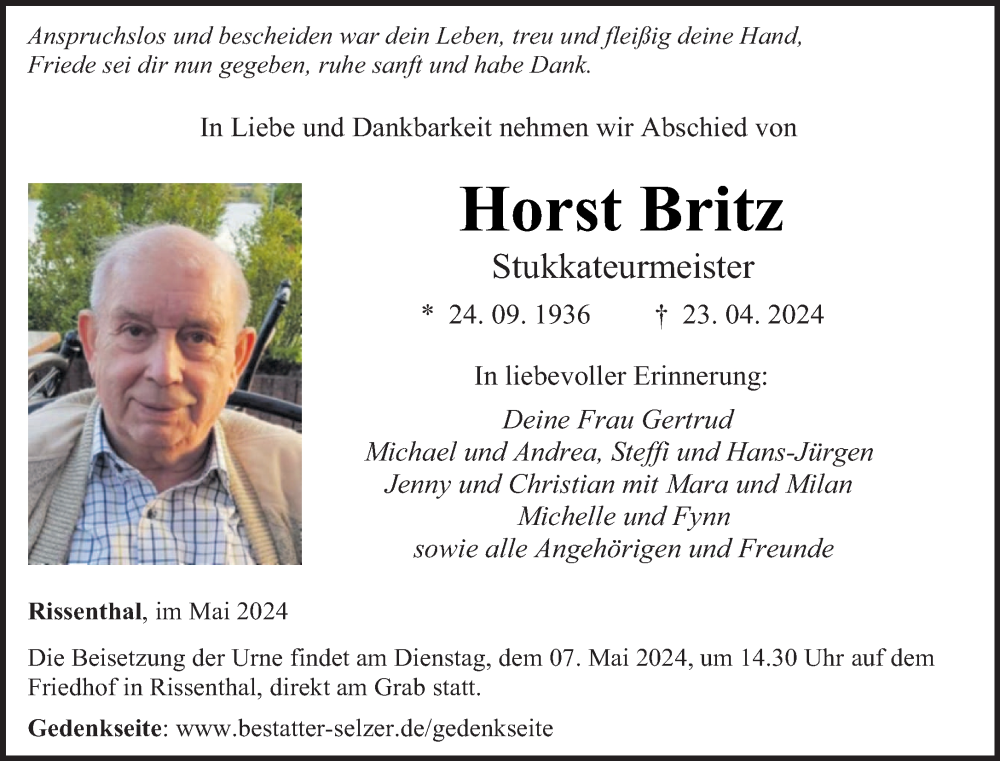  Traueranzeige für Horst Britz vom 04.05.2024 aus saarbruecker_zeitung