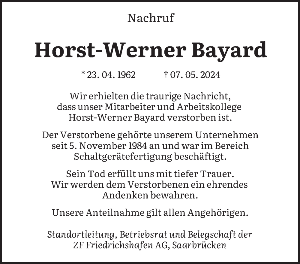  Traueranzeige für Horst-Werner Bayard vom 29.05.2024 aus saarbruecker_zeitung