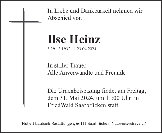 Traueranzeige von Ilse Heinz von saarbruecker_zeitung