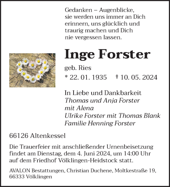 Traueranzeige von Inge Forster von saarbruecker_zeitung