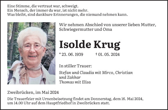 Traueranzeige von Isolde Krug von saarbruecker_zeitung