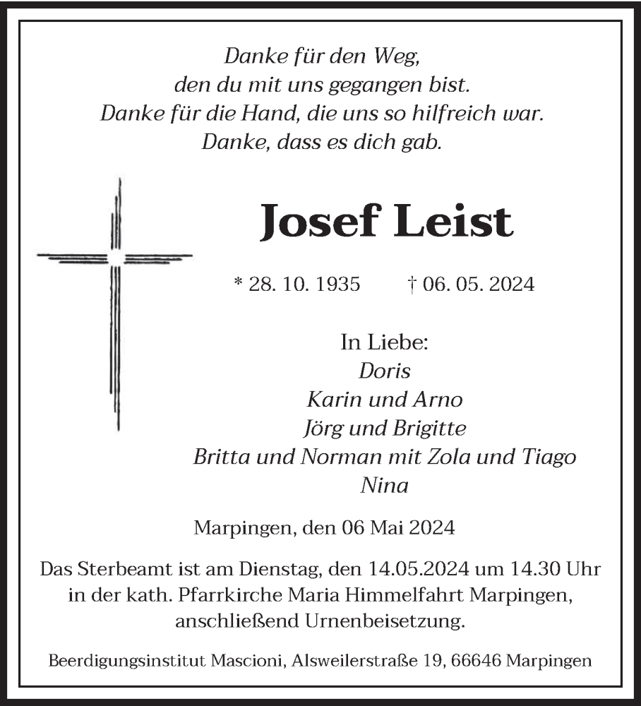  Traueranzeige für Josef Leist vom 11.05.2024 aus saarbruecker_zeitung