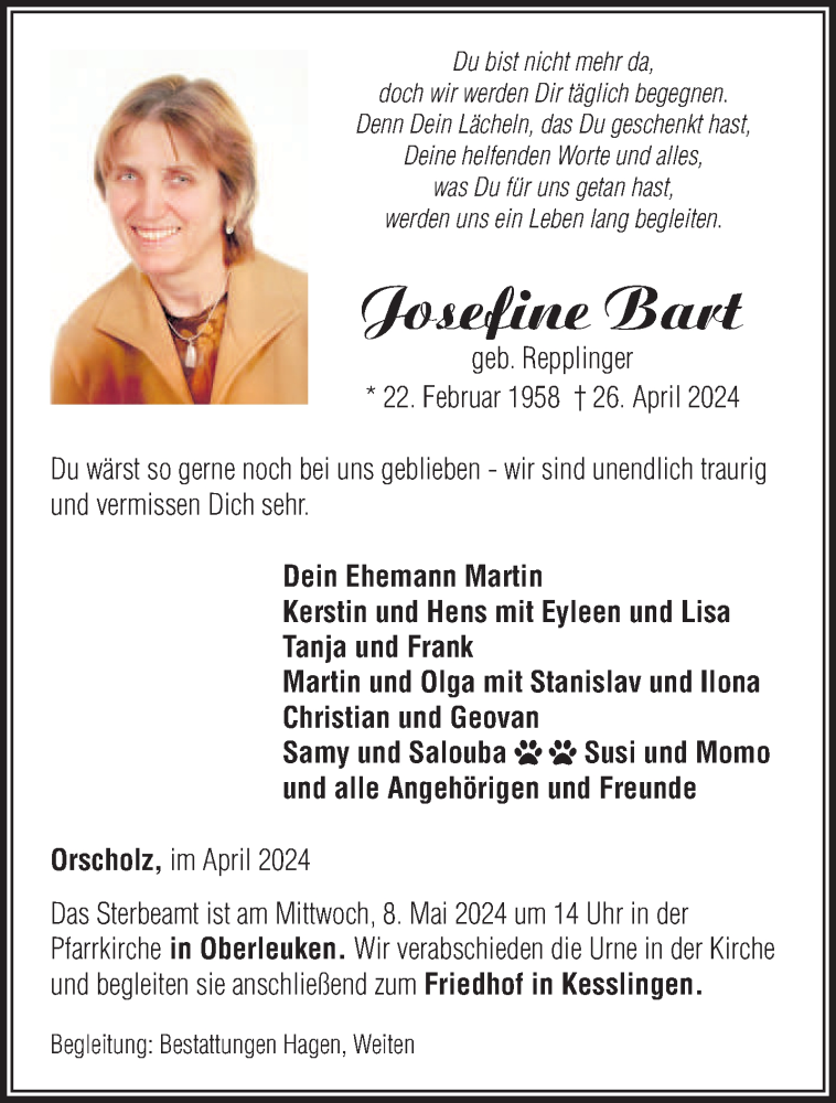 Traueranzeige für Josefine Bart vom 04.05.2024 aus saarbruecker_zeitung