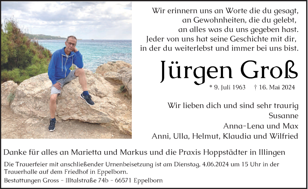  Traueranzeige für Jürgen Groß vom 18.05.2024 aus saarbruecker_zeitung
