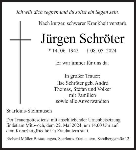 Traueranzeige von Jürgen Schröter von saarbruecker_zeitung