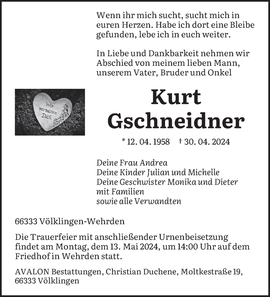  Traueranzeige für Kurt Gschneidner vom 04.05.2024 aus saarbruecker_zeitung