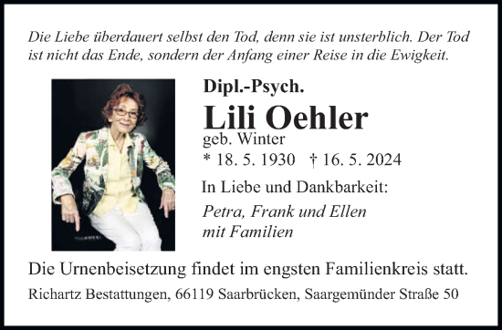Traueranzeige von Lili Oehler von saarbruecker_zeitung