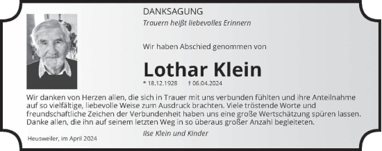 Traueranzeige von Lothar Klein von saarbruecker_zeitung