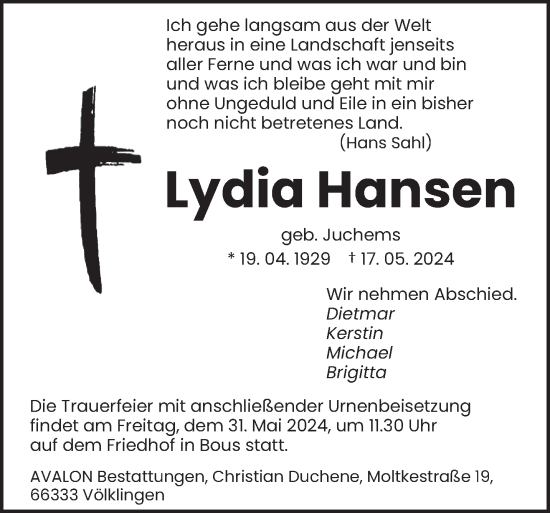 Traueranzeige von Lydia Hansen von saarbruecker_zeitung