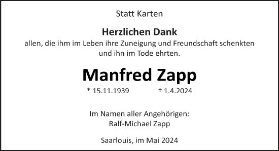 Traueranzeige von Manfred Zapp von saarbruecker_zeitung