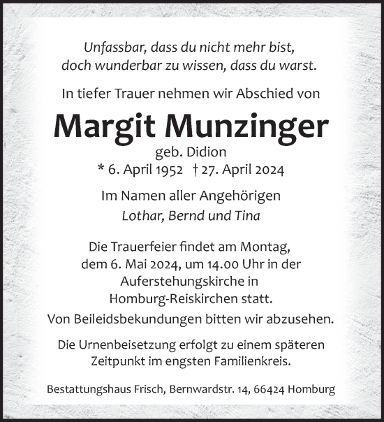 Traueranzeige von Margit Munzinger von saarbruecker_zeitung