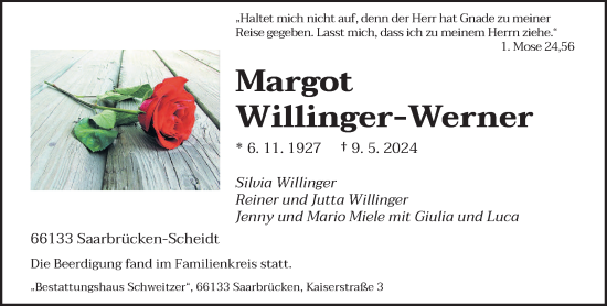 Traueranzeige von Margot Willinger-Werner von saarbruecker_zeitung