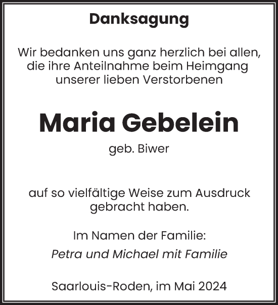 Traueranzeige von Maria Gebelein von saarbruecker_zeitung