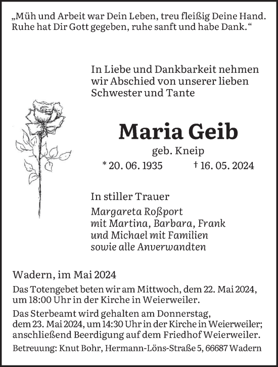 Traueranzeige von Maria Geib von saarbruecker_zeitung