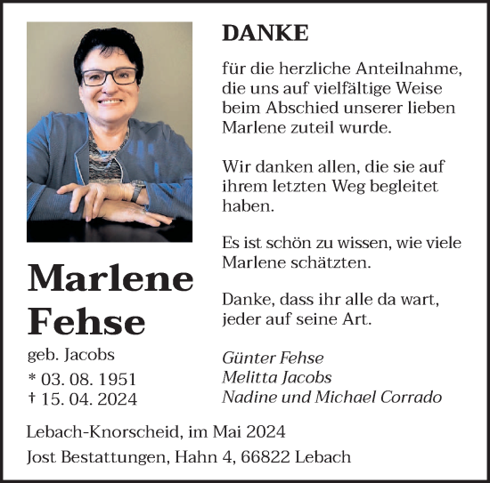 Traueranzeige von Marlene Fehse von saarbruecker_zeitung