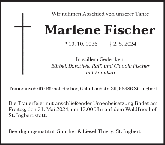 Traueranzeige von Marlene Fischer von saarbruecker_zeitung