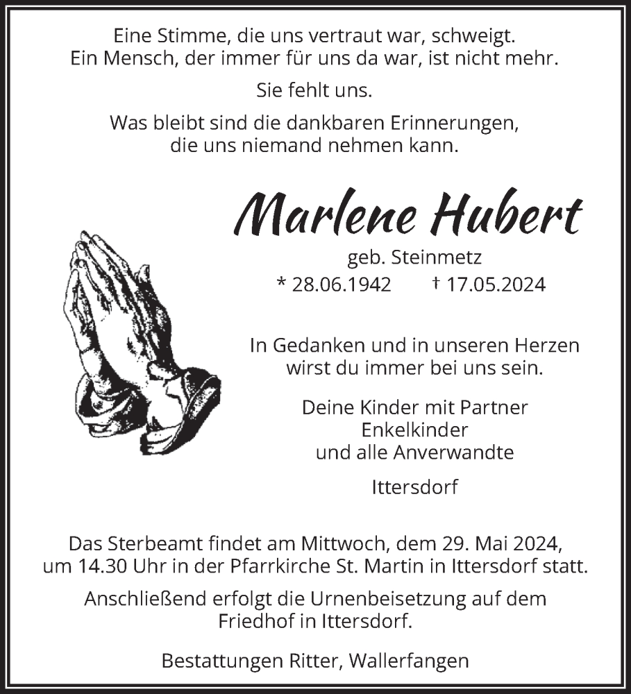  Traueranzeige für Marlene Hubert vom 25.05.2024 aus saarbruecker_zeitung